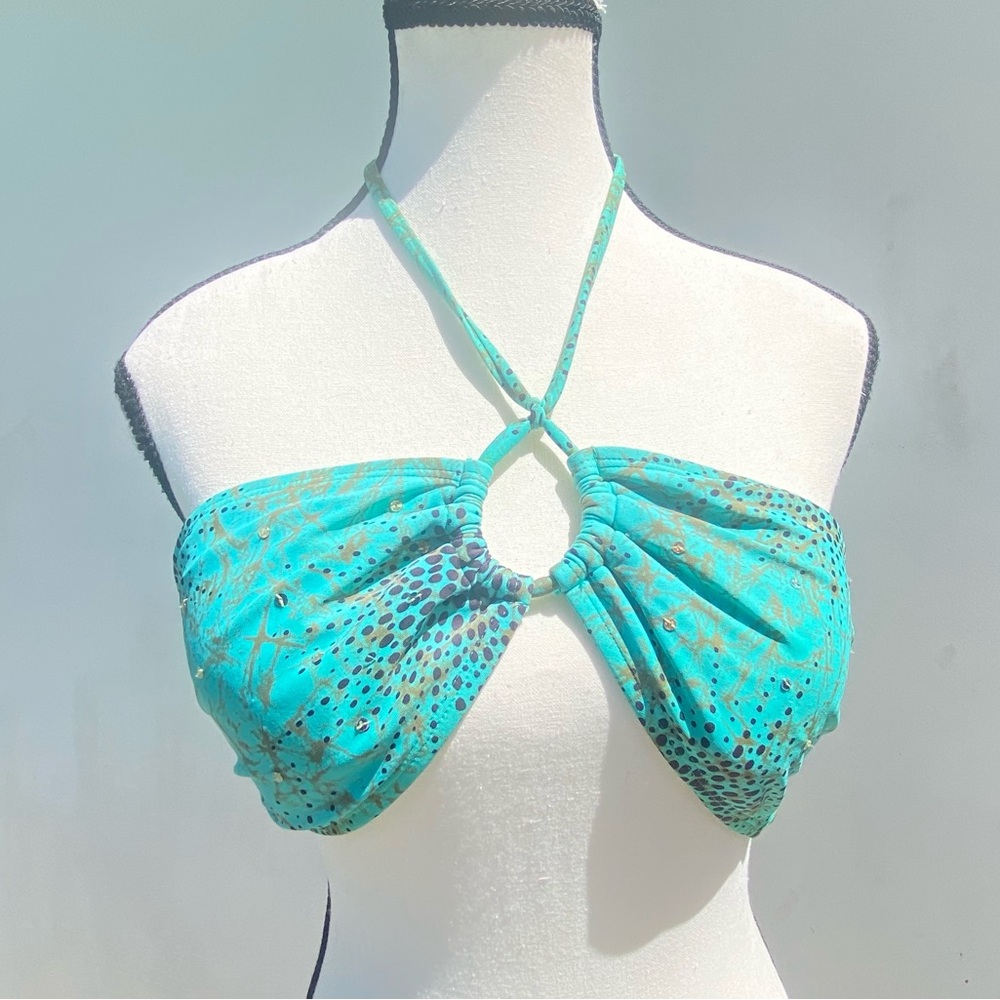 Colombian Turquoise & Brown Sequin Halter Bikini Top Size Medium